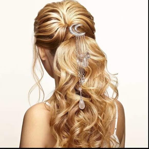 Crescent Moon Crystal Dangle Hair Clip - Silver - Picture 4 of 4